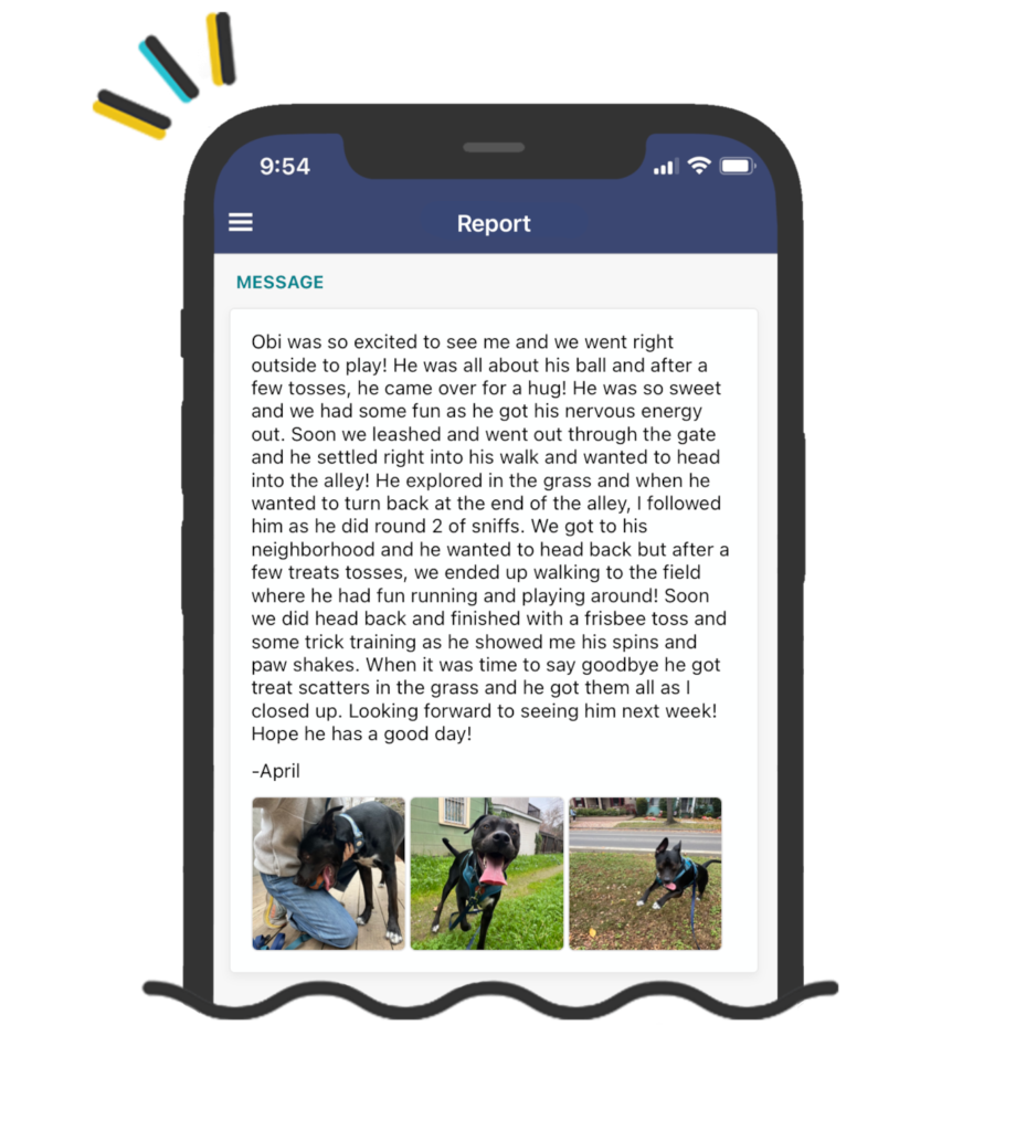 dog-walking-post-visit-notes A phone screenshot of our app with detailed dog walk notes and photos of a playful dog in Sacramento